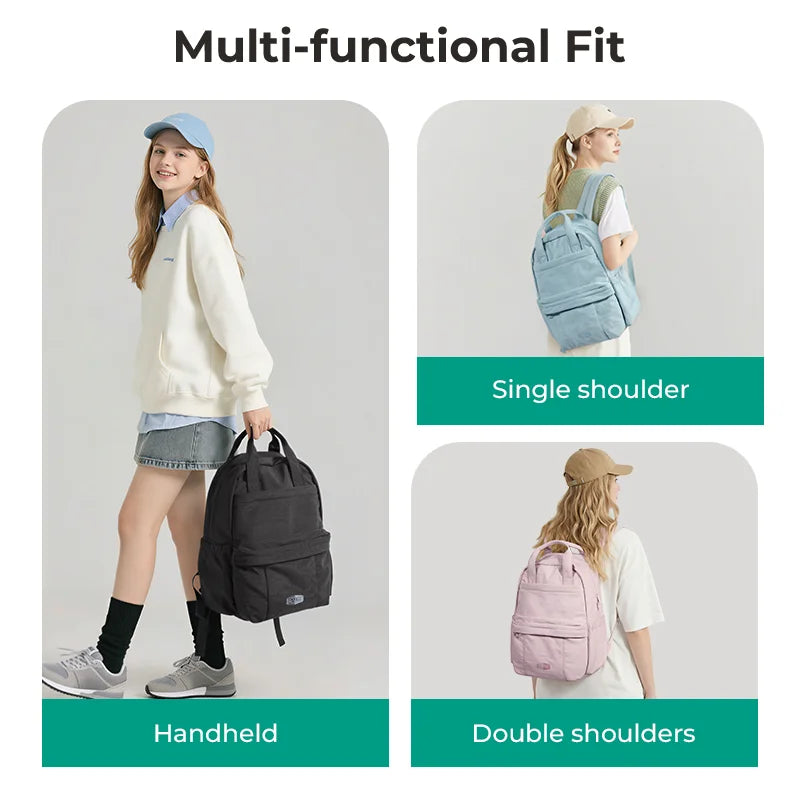 A multi-functional fit backpack shown in various carrying styles including single shoulder, handheld, and double shoulders.