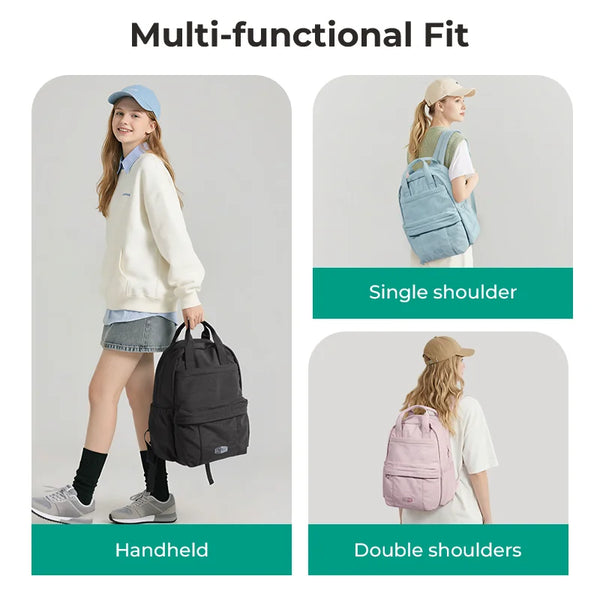 A multi-functional fit backpack shown in various carrying styles including single shoulder, handheld, and double shoulders.