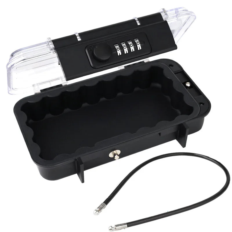 A black portable travel lock box with a clear lid and a black cable is shown.