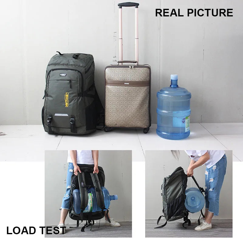 A large capacity travel backpack is shown next to a suitcase and being carried by a person for a load test.