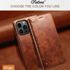 A brown leather magnetic flip case with a khaki color shown in a close-up view.