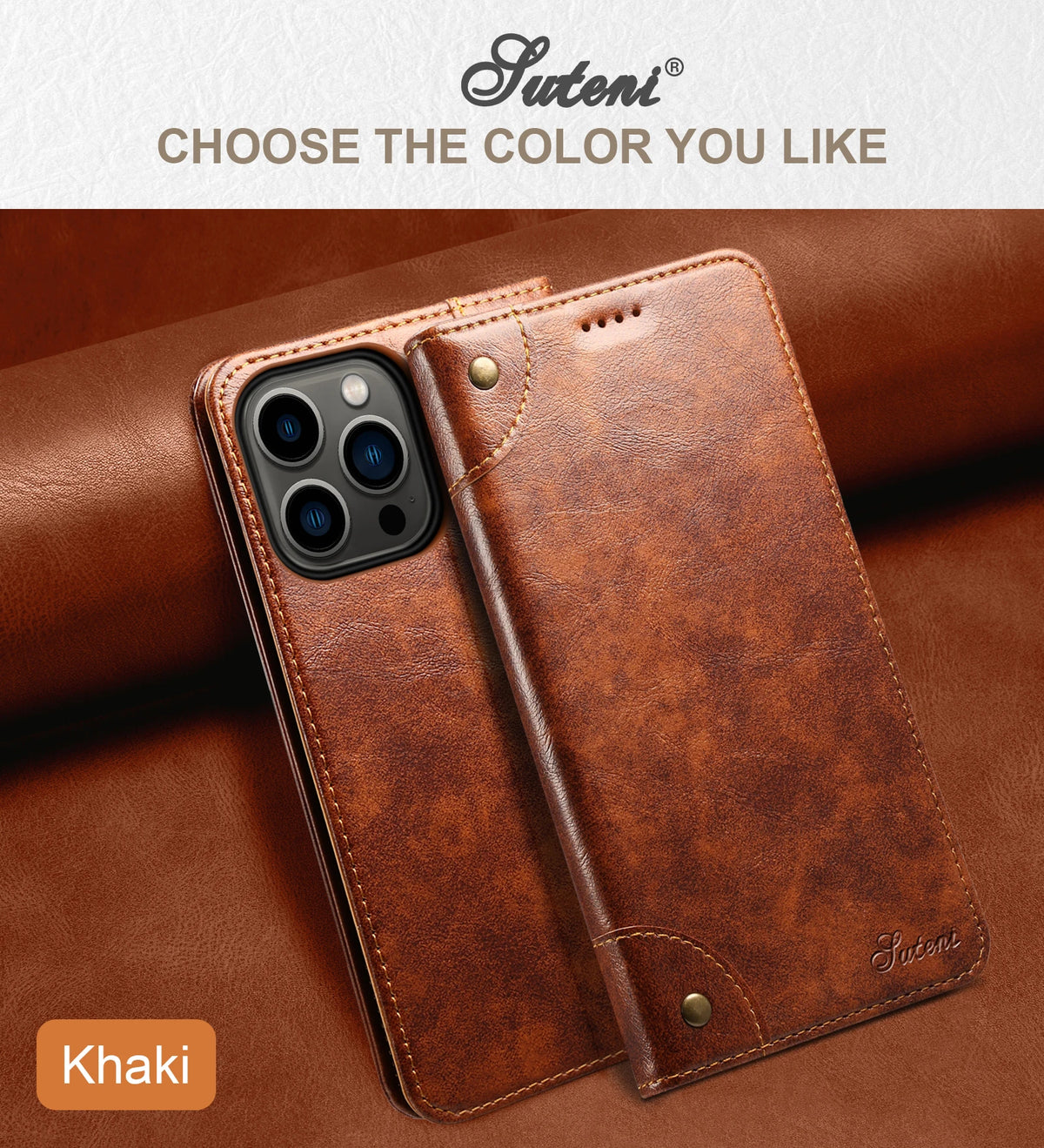 A brown leather magnetic flip case with a khaki color shown in a close-up view.