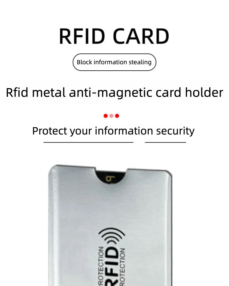 A silver RFID card holder with a wireless signal icon visible on the surface.