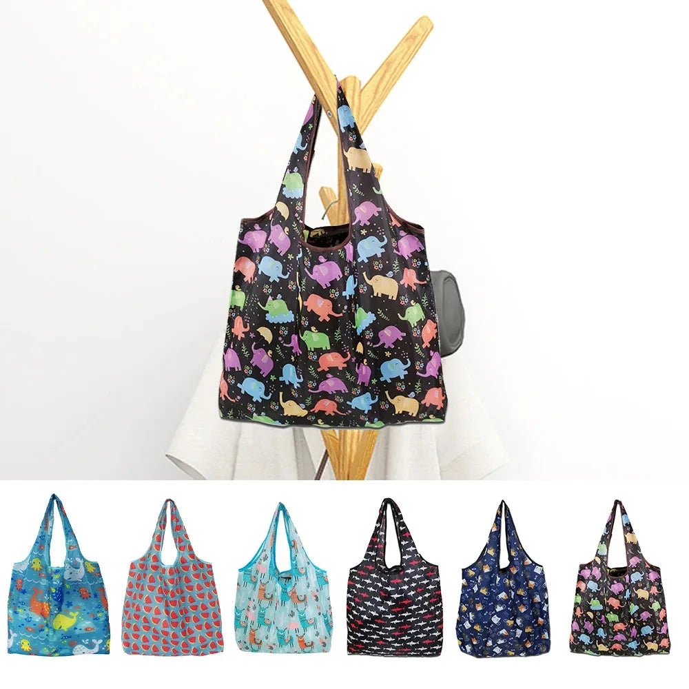 A collection of colorful reusable shopping bags hanging from a wooden hanger.