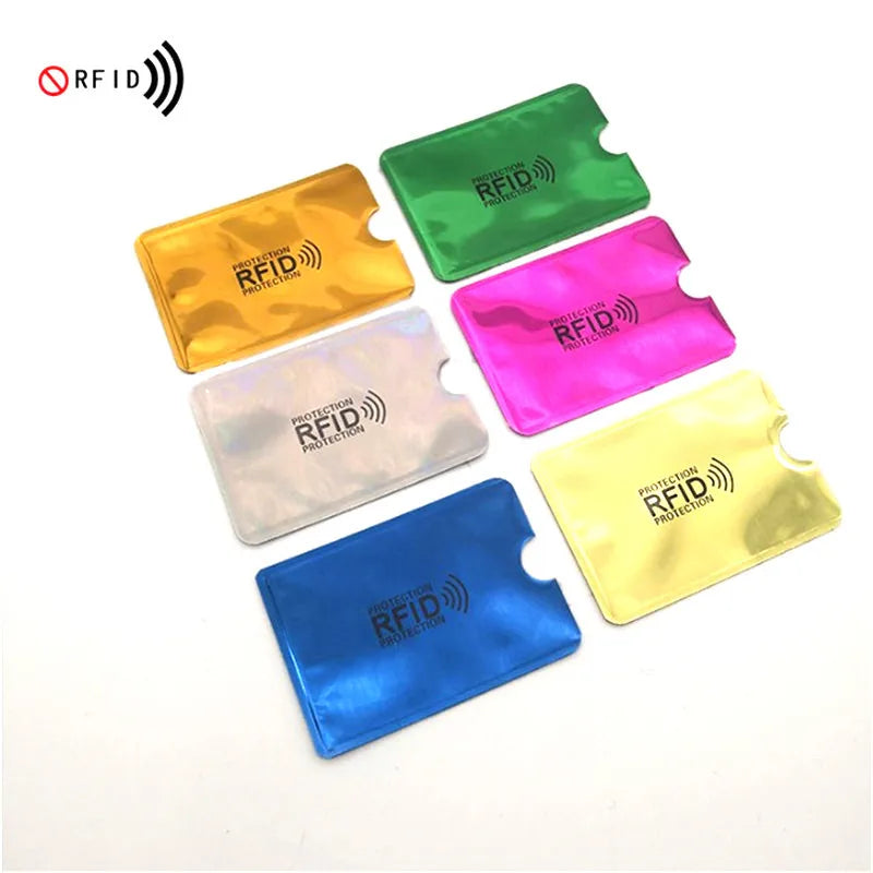 A set of ten anti-RFID blocking card holders in various colors including green, yellow, pink, and blue.
