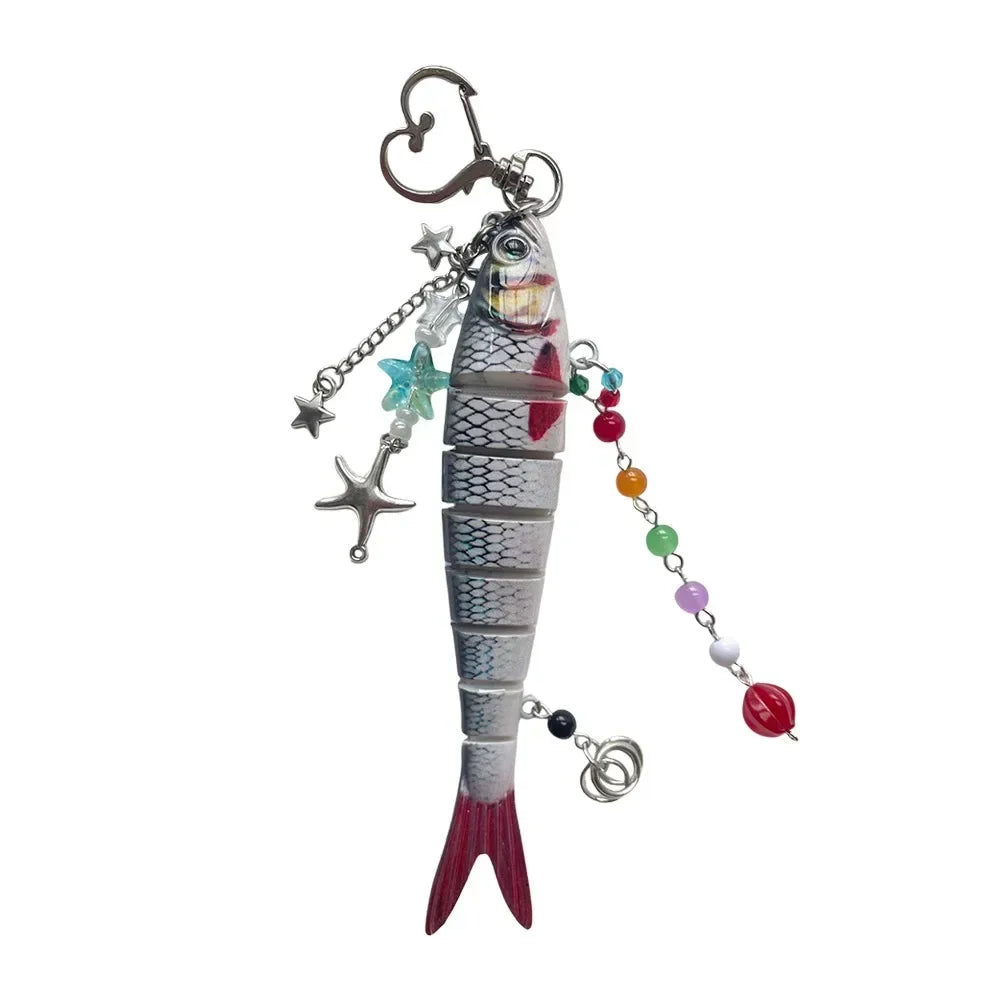 Silver simulation fish keychain with colorful beads and hook.