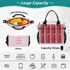 Pink insulated lunch bag with wide opening design showing various food items and accessories.