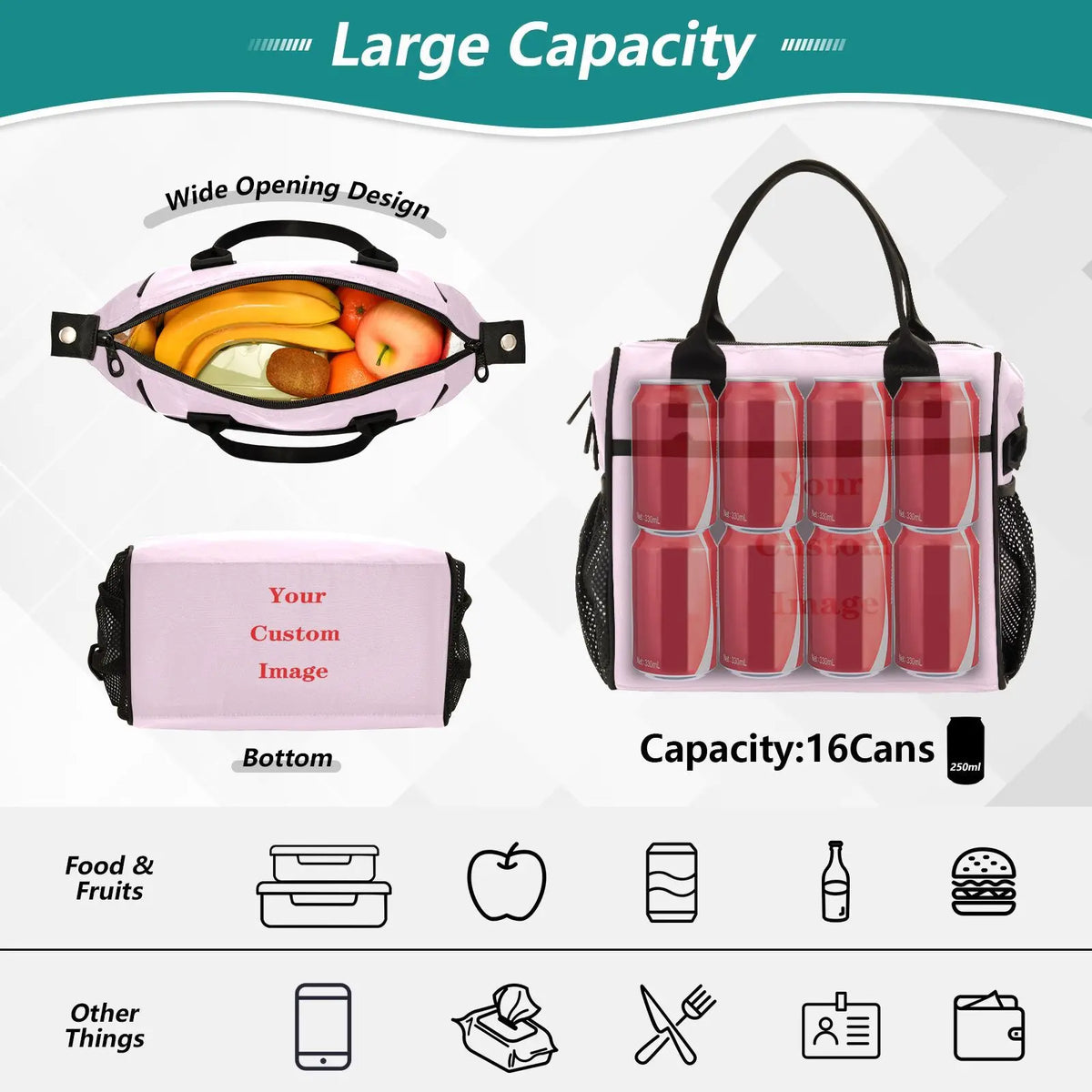 Pink insulated lunch bag with wide opening design showing various food items and accessories.
