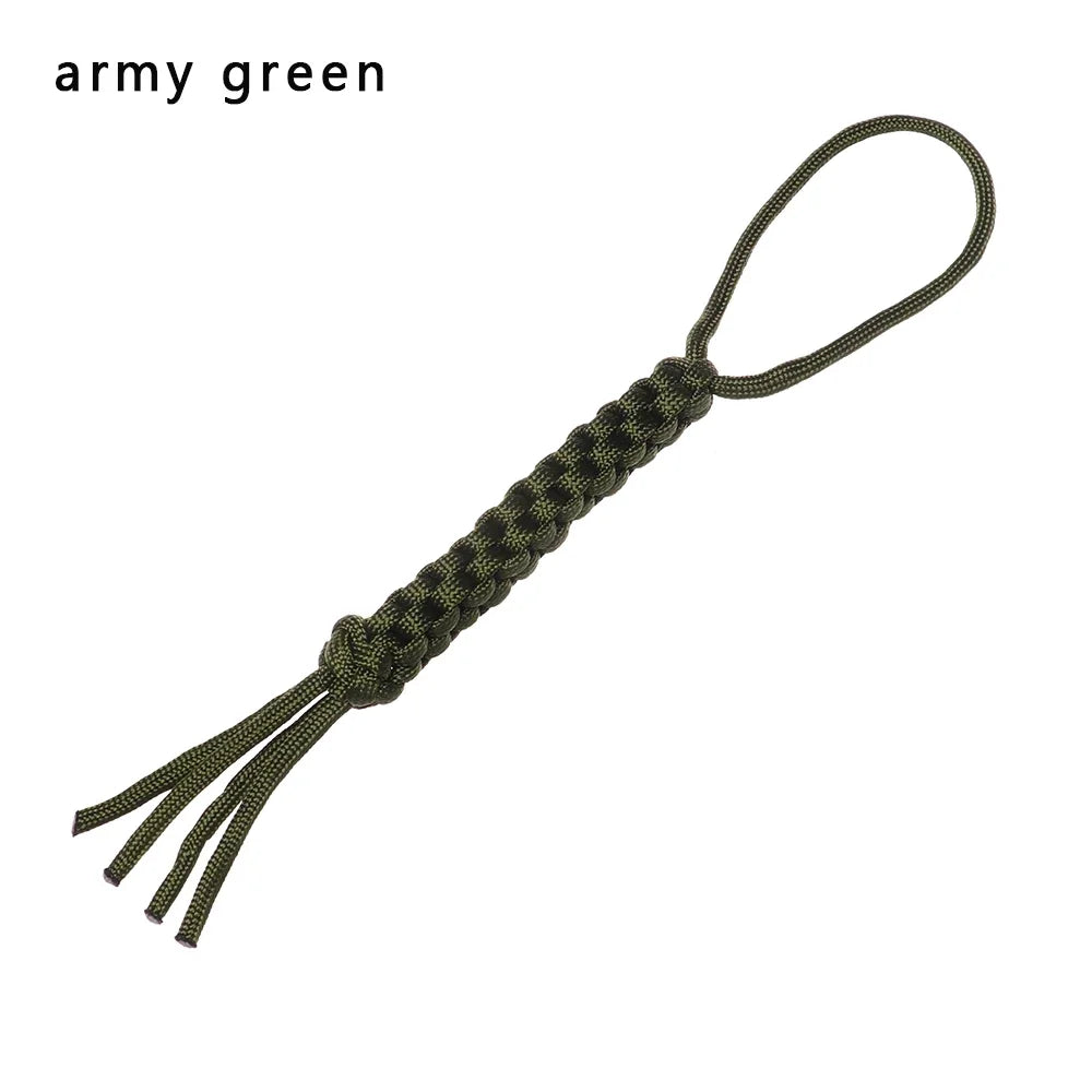 Army green 7-strand paracord keychain with a loop and fringe.