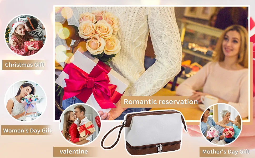 Elegant PU leather travel cosmetic organizer bag shown with various gift ideas.