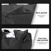 A black waterproof travel duffle bag showing a back pocket and front and side pockets.