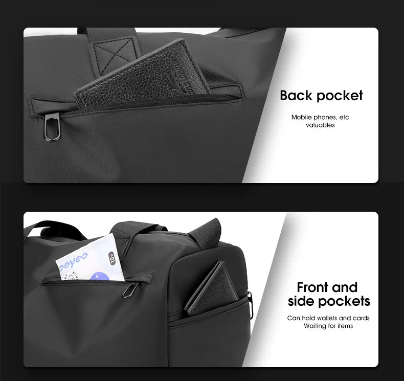 A black waterproof travel duffle bag showing a back pocket and front and side pockets.