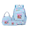 A pink and blue multi-compartment casual backpack featuring a cartoon theme with characters.
