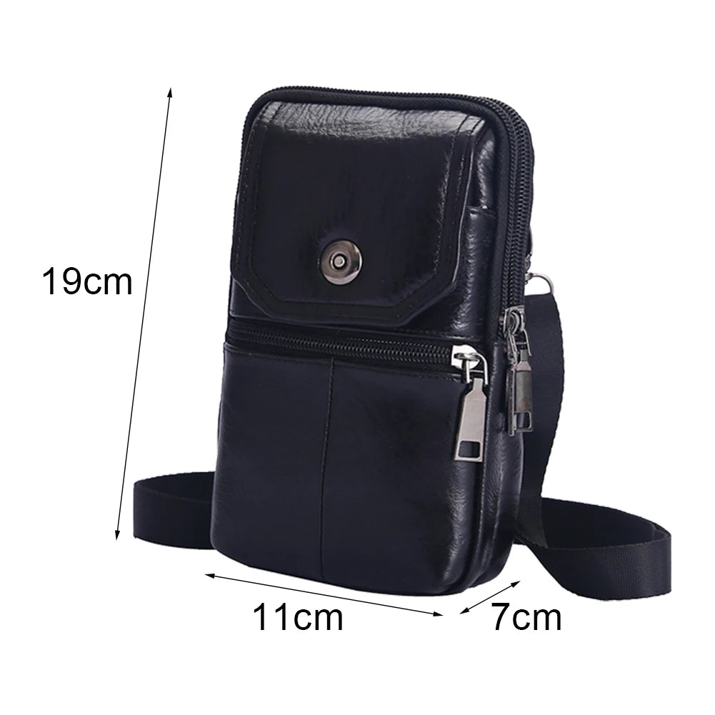Black vintage cowhide leather crossbody bag shown with dimensions.