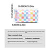 A rectangular cosmetic bag with a checkered pattern featuring white and pink stripes in various colors.