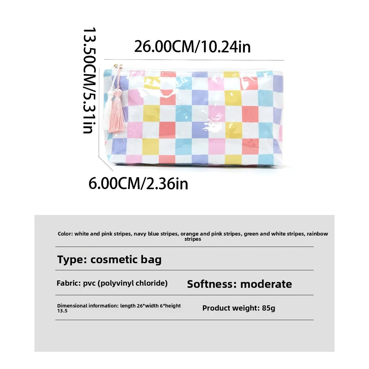 A rectangular cosmetic bag with a checkered pattern featuring white and pink stripes in various colors.
