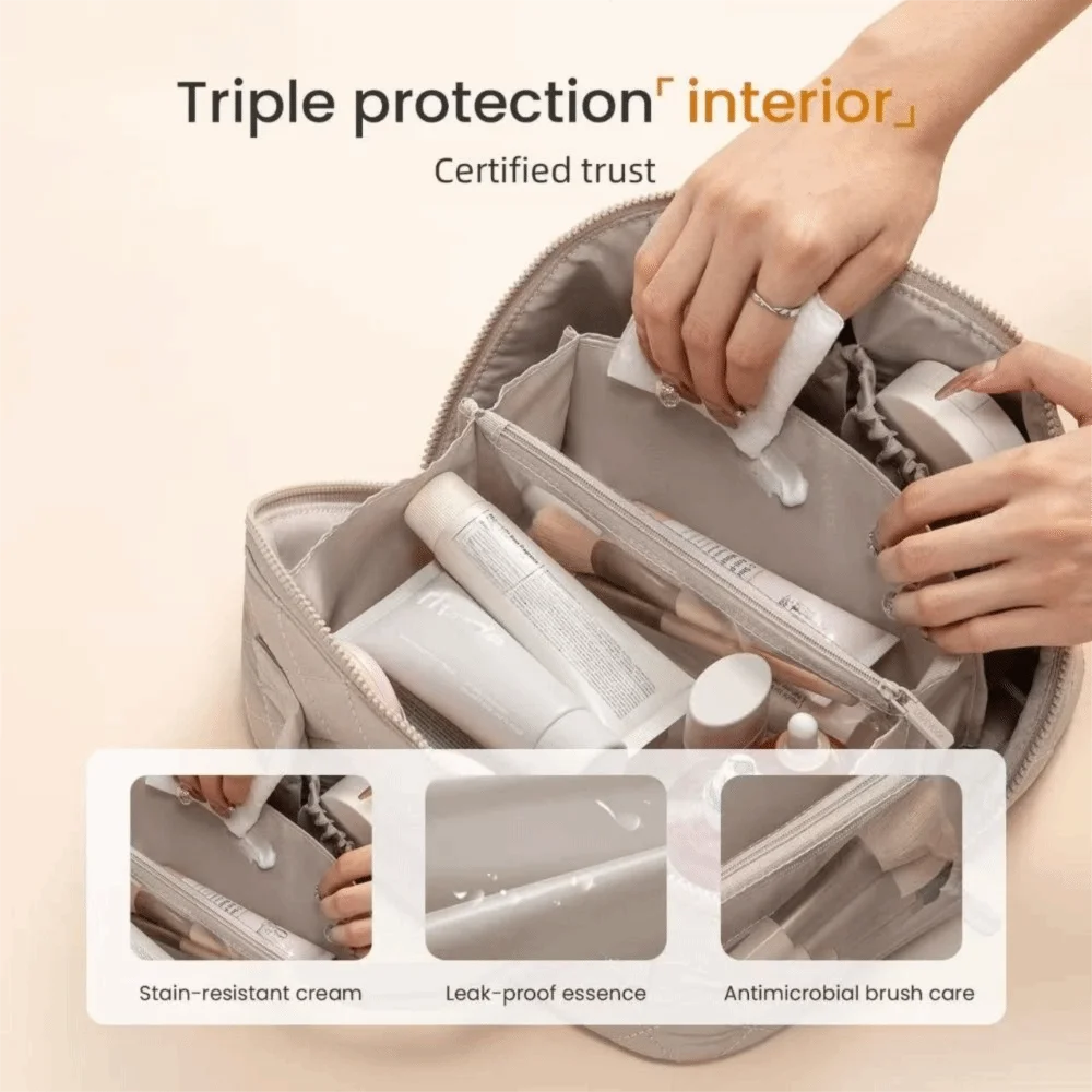 A hand is opening a gray makeup organizer bag showing various beauty products like cream, essence, and brush care tools.