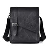 Black men's PU leather messenger bag with a padded strap shown from the front.