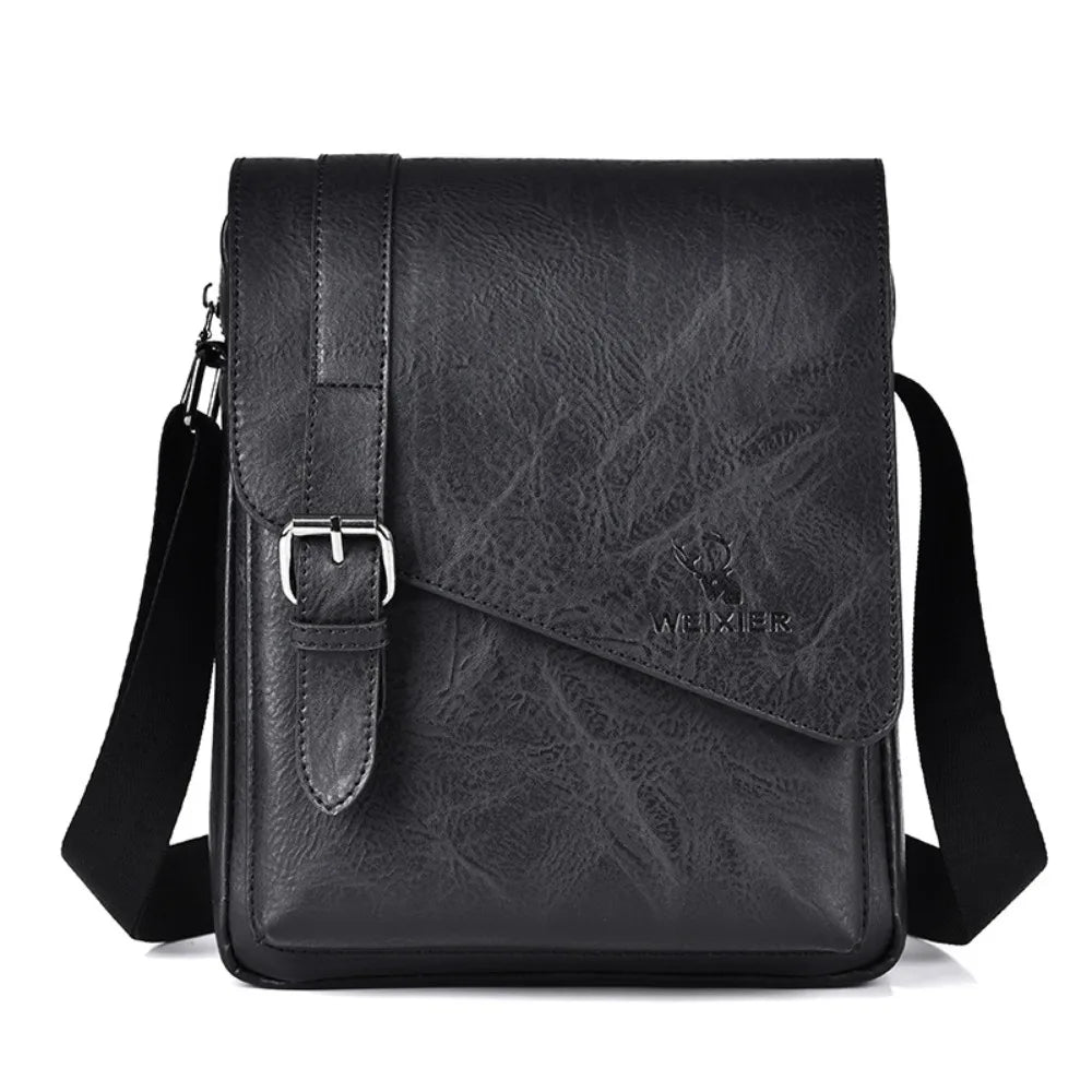 Black men's PU leather messenger bag with a padded strap shown from the front.