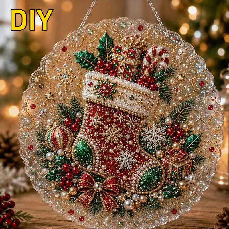 A decorative Christmas ornament made of glitter and jewels with a lace edge.
