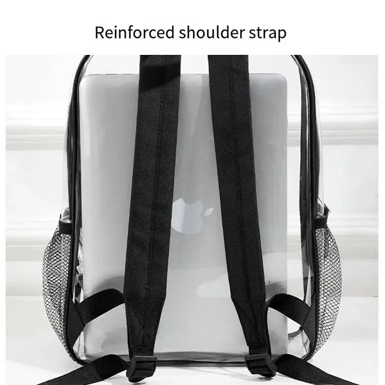 A clear transparent PVC backpack with reinforced shoulder straps shown against a white background.