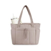 A light beige quilted padded tote bag with a handle and multiple pockets.