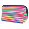 A colorful striped portable neoprene cosmetic organizer bag with a black zipper.