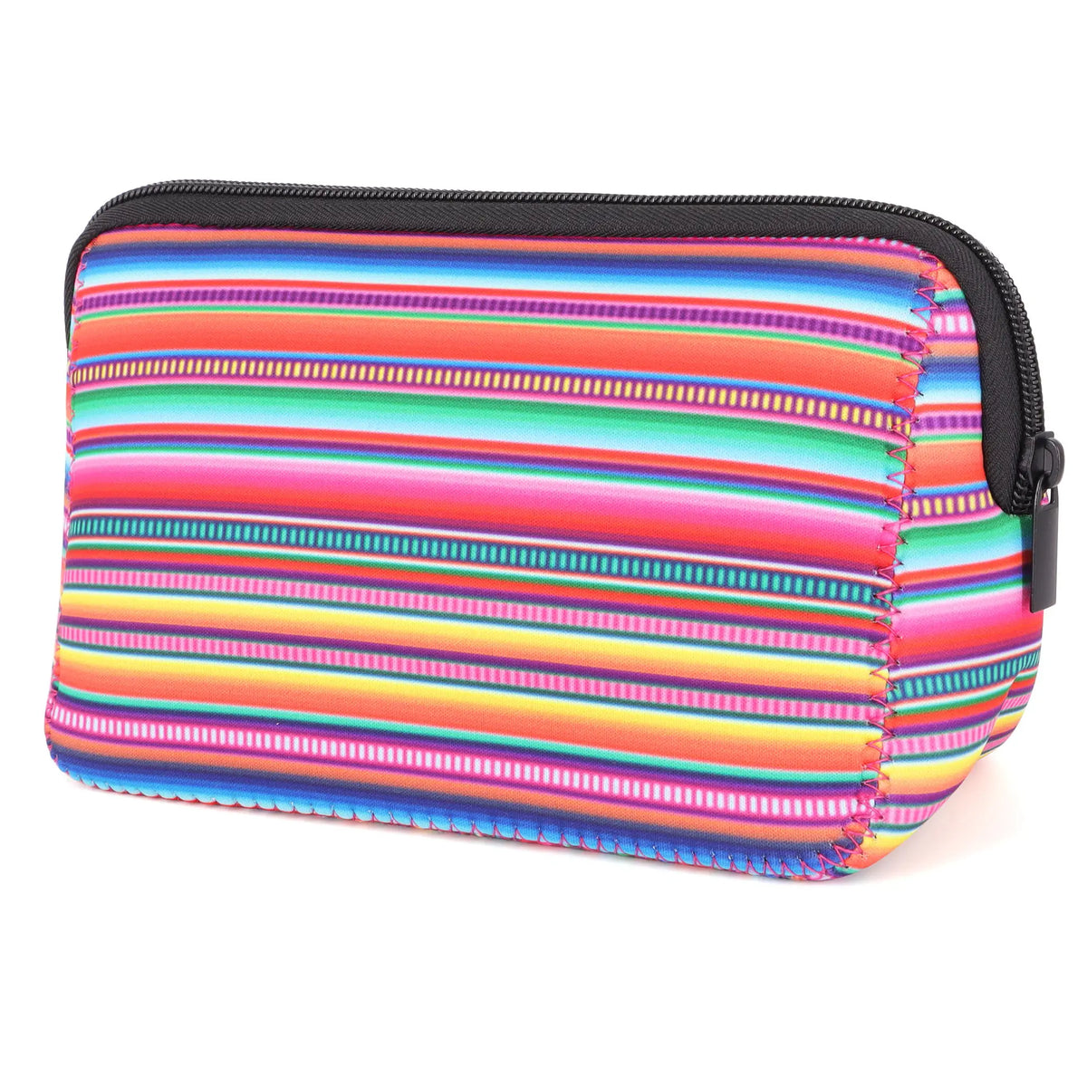 A colorful striped portable neoprene cosmetic organizer bag with a black zipper.