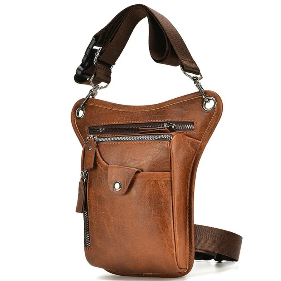A brown leather multi-purpose waist pack bag with a zippered pocket and adjustable strap.