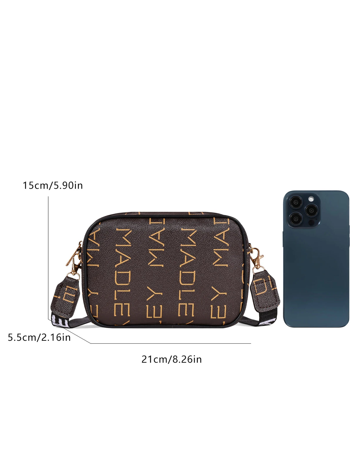 A brown fashion crossbody shoulder bag with gold hardware shown next to an iPhone.