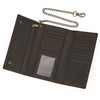A dark brown genuine leather bifold wallet with stitching and a metal chain attached.