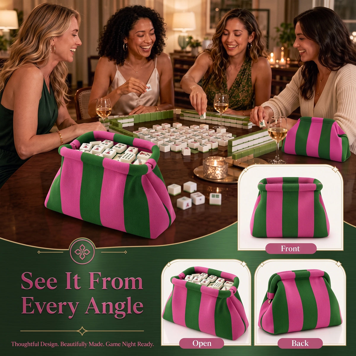 A set of striped knit clutch bags in pink and green colors shown from the front and back.