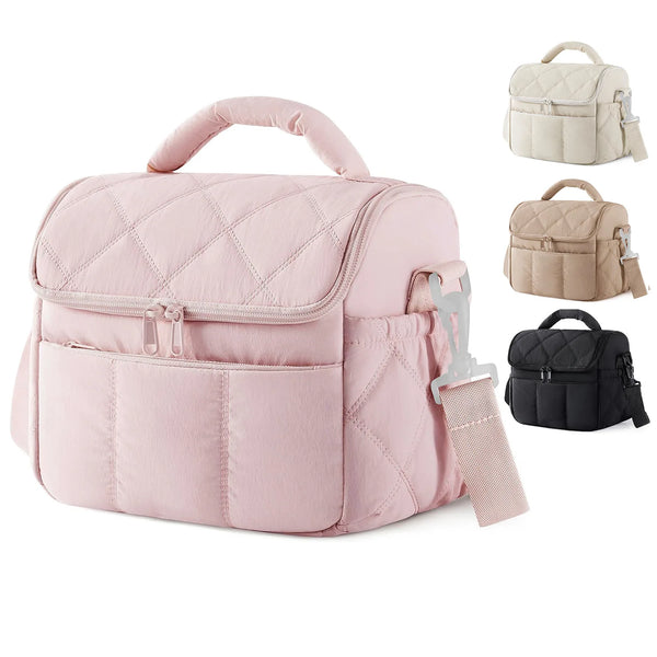 A pink quilted reusable insulated nylon lunch bag shown with various color options.