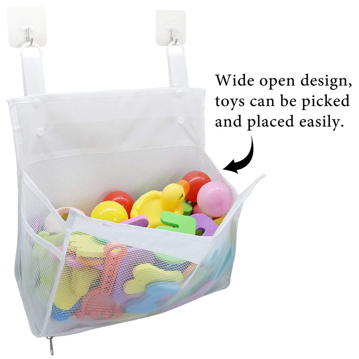 A clear hanging organizer bag filled with various colorful bath toys and plastic items.