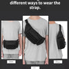 A black multi-compartment waist bag shown in three ways: worn around the waist, on one shoulder, and on the chest.