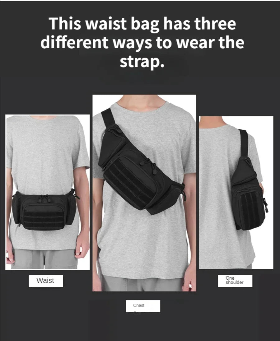 A black multi-compartment waist bag shown in three ways: worn around the waist, on one shoulder, and on the chest.
