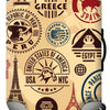 A beige luggage cover featuring various country symbols like Greece, Spain, Peru, and the United States.