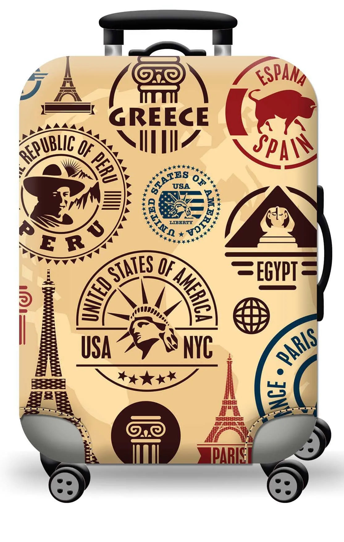 A beige luggage cover featuring various country symbols like Greece, Spain, Peru, and the United States.