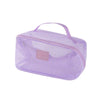 A lavender mesh cosmetic organizer pouch with a handle for storing makeup and toiletries.