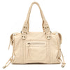 Beige Vintage PU-Leder-Tasche mit mehreren Reißverschlusstaschen und Lederriemen.