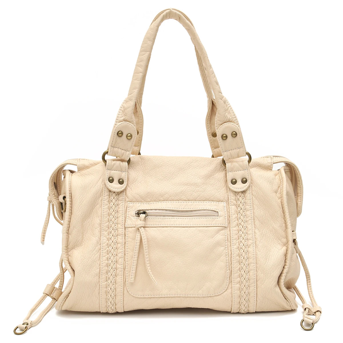 Beige Vintage PU-Leder-Tasche mit mehreren Reißverschlusstaschen und Lederriemen.