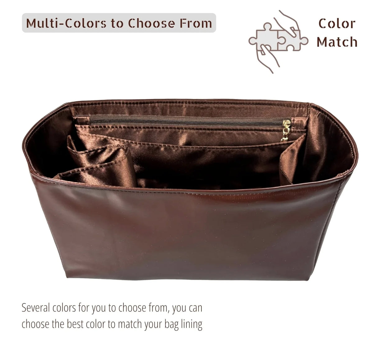 A brown leather bag organizer insert with a satin lining showing multiple color options for matching.