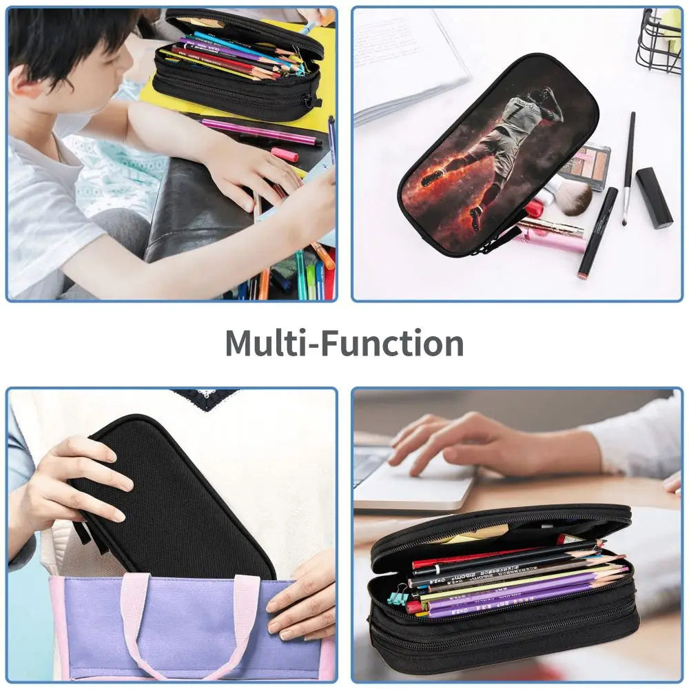 A multi-function leather pencil case shown in various colors and usage contexts.