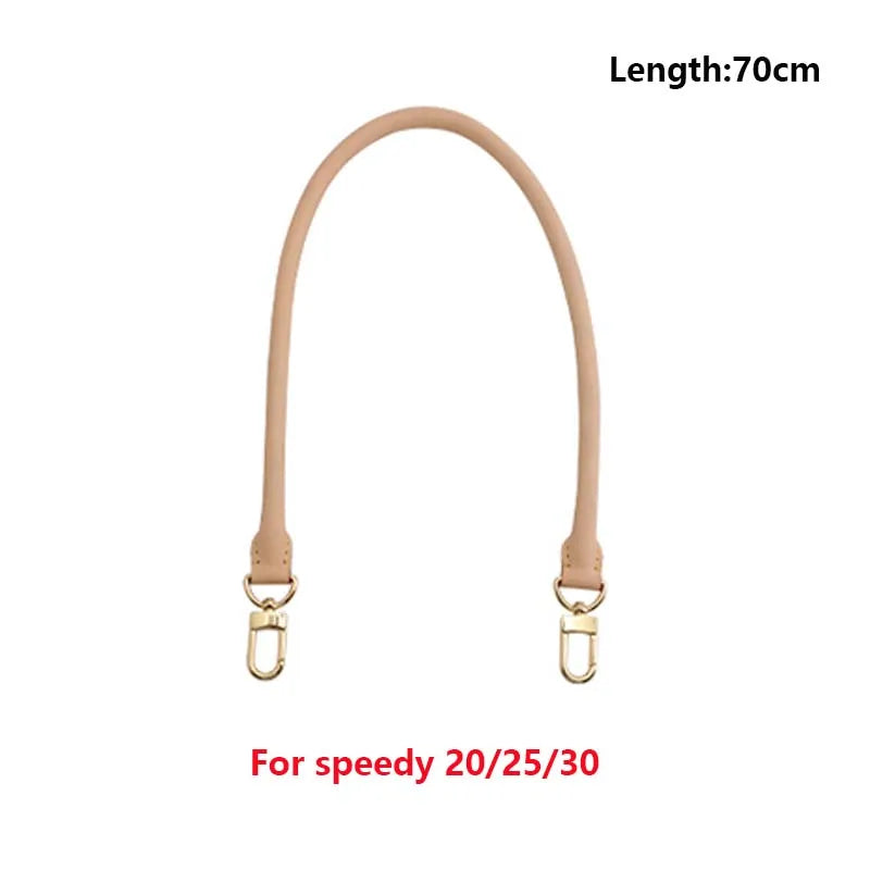 A light tan genuine vachetta leather bag strap with a 70cm length.