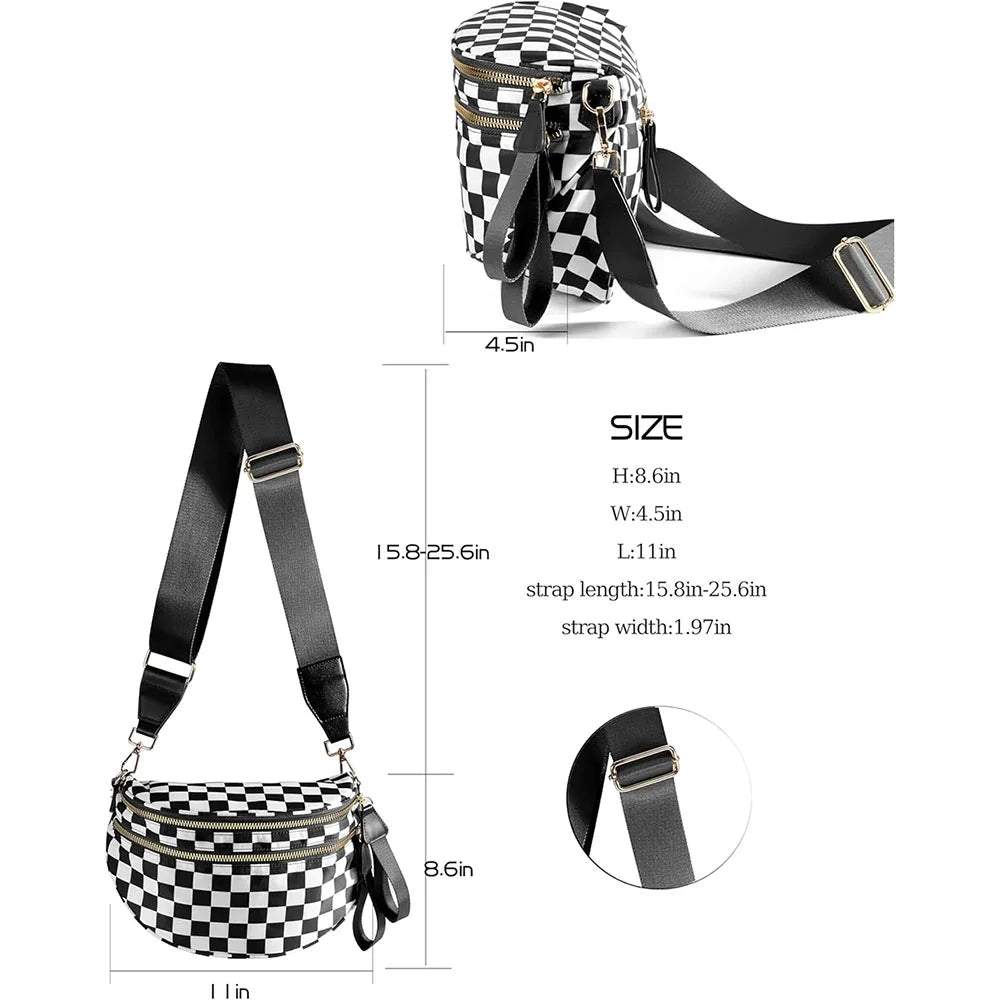 A black and white checkered crossbody sling bag with a detachable adjustable strap.