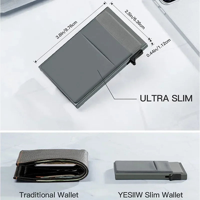 A comparison showing an Ultra Slim metal card holder wallet next to a traditional wallet and a YESIIW Slim Wallet.