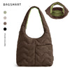A dark brown quilted nylon shoulder bag with a green lining and a matching fabric pouch shown next to the bag.