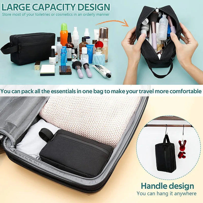 Un sac organisateur de toilette noir utilisé pour stocker divers cosmétiques et produits de toilette, mettant en évidence sa 