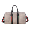 A beige plaid women's travel duffle bag with black handles and green and red stripes.