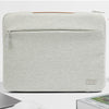 A light gray multi-pocket laptop sleeve with a leather handle shown from the top.